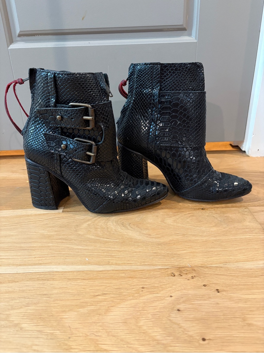 Freebird - Black Faux-Snake Embossed Block Heel Ankle Boots